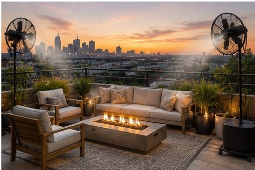 Luxury rooftop patio with misting fans